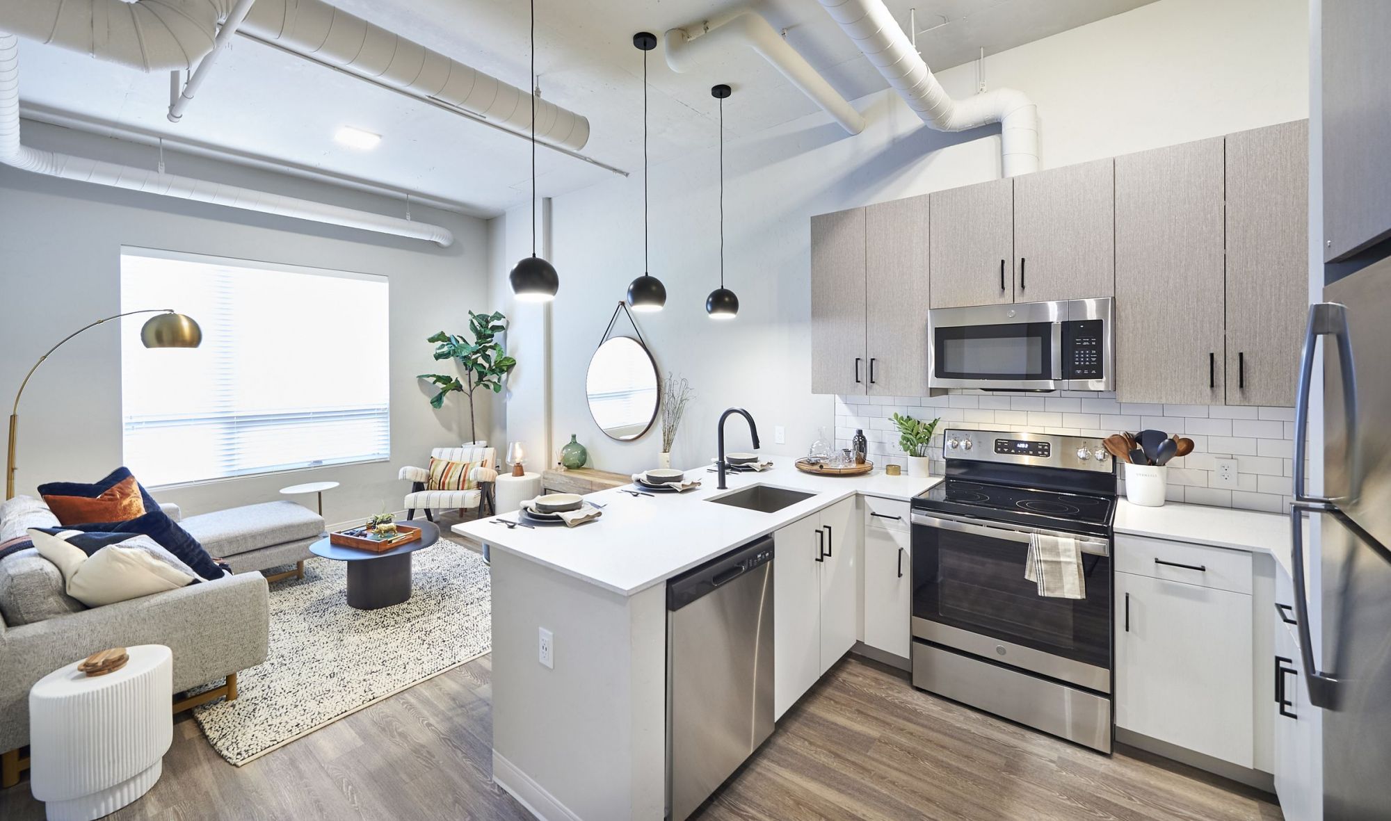 LOCAL Boise modern kitchen and living area with stainless steel appliances, island, and cozy seating, accented by plants and decor.