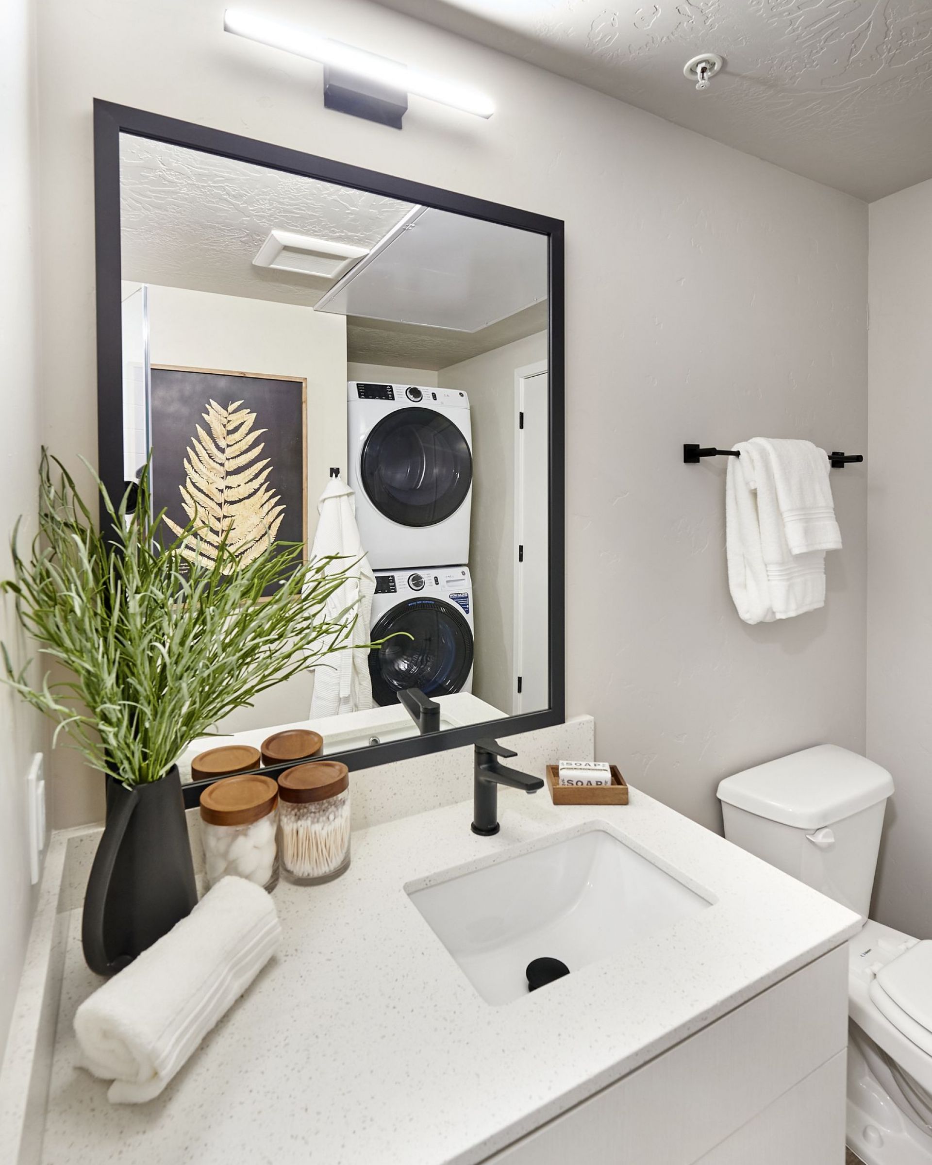 LOCAL Boise bathroom with a framed mirror, sink, stacked washer and dryer, and decorative plant.