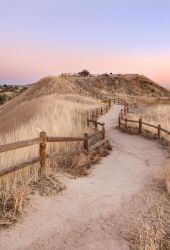 Dirt path lined with wooden fences winding through dry grassy hills at sunset, with a city in the distance near LOCAL Boise apartments.