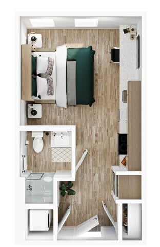 A 3D image of the Studio – S1 floorplan, a 365 squarefoot, 0 bed / 1 bath unit