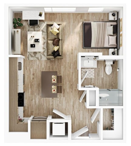 A 3D image of the Studio – S2 floorplan, a 511 squarefoot, 0 bed / 1 bath unit