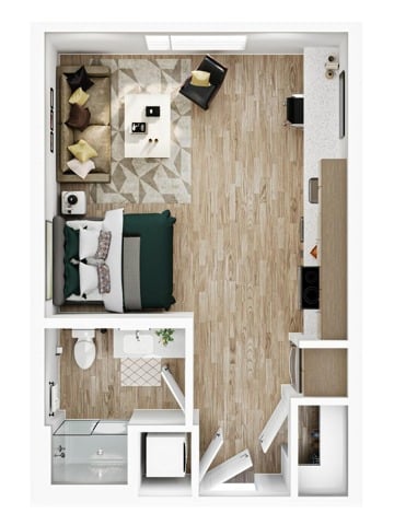 A 3D image of the Studio – S3 floorplan, a 442 squarefoot, 0 bed / 1 bath unit