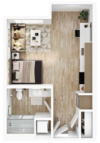 A 3D image of the Studio – S3a floorplan, a 422 squarefoot, 0 bed / 1 bath unit