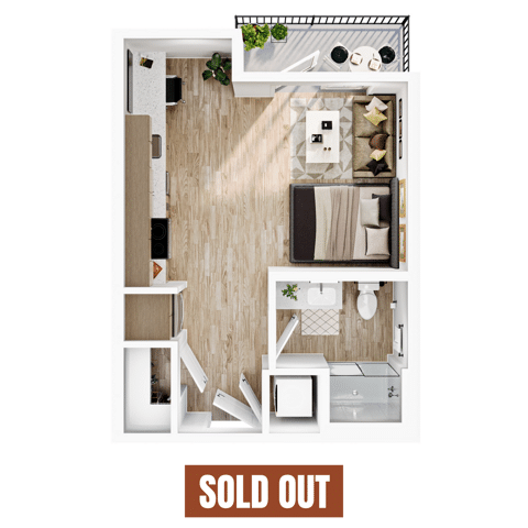 A 3D image of the Studio – S3a Balcony floorplan, a 422 squarefoot, 0 bed / 1 bath unit