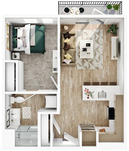 A 3D image of the 1BR/1BA – A1a Balcony floorplan, a 567 squarefoot, 1 bed / 1 bath unit