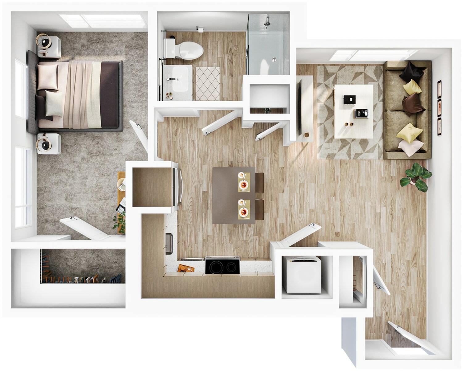 A 3D image of the 1BR/1BA – A2a floorplan, a 653 squarefoot, 1 bed / 1 bath unit