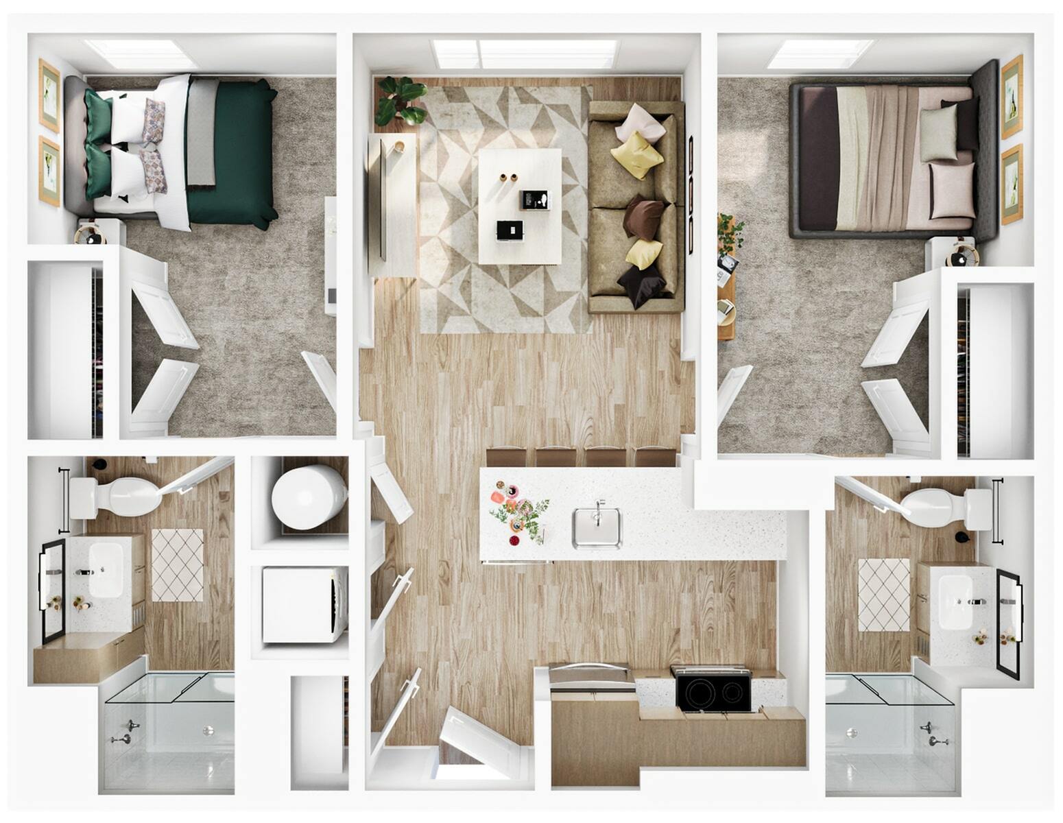 A 3D image of the 2BR/2BA – B1 floorplan, a 802 squarefoot, 2 bed / 2 bath unit