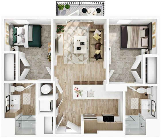 A 3D image of the 2BR/2BA – B1b floorplan, a 802 squarefoot, 2 bed / 2 bath unit