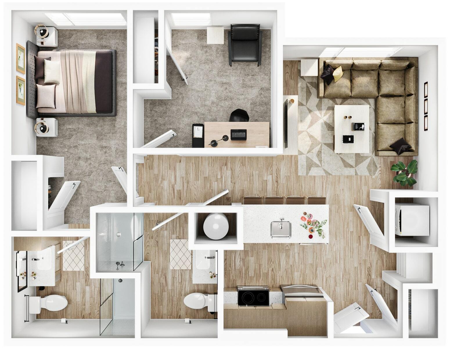 A 3D image of the 2BR/2BA – B3a floorplan, a 814 squarefoot, 2 bed / 2 bath unit