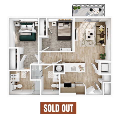 A 3D image of the 2BR/2BA – B3a Balcony floorplan, a 814 squarefoot, 2 bed / 2 bath unit