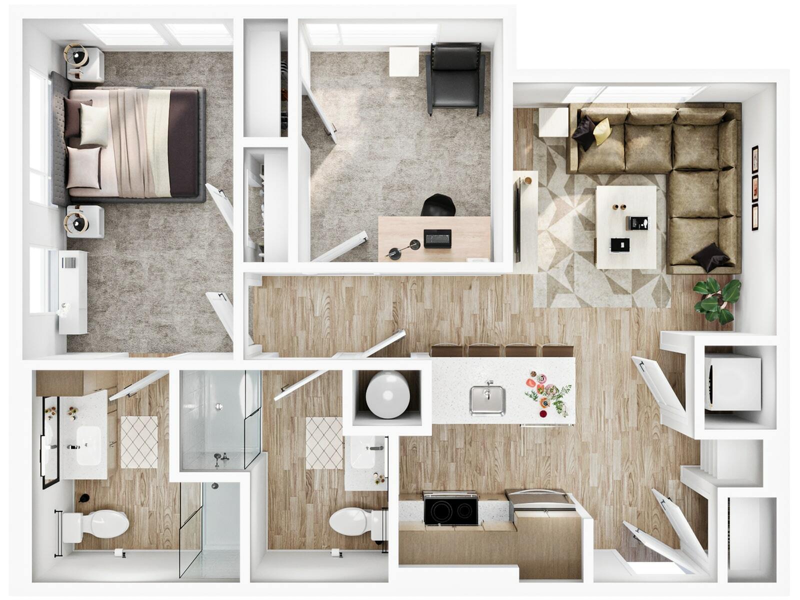 A 3D image of the 2BR/2BA – B3b floorplan, a 764 squarefoot, 2 bed / 2 bath unit