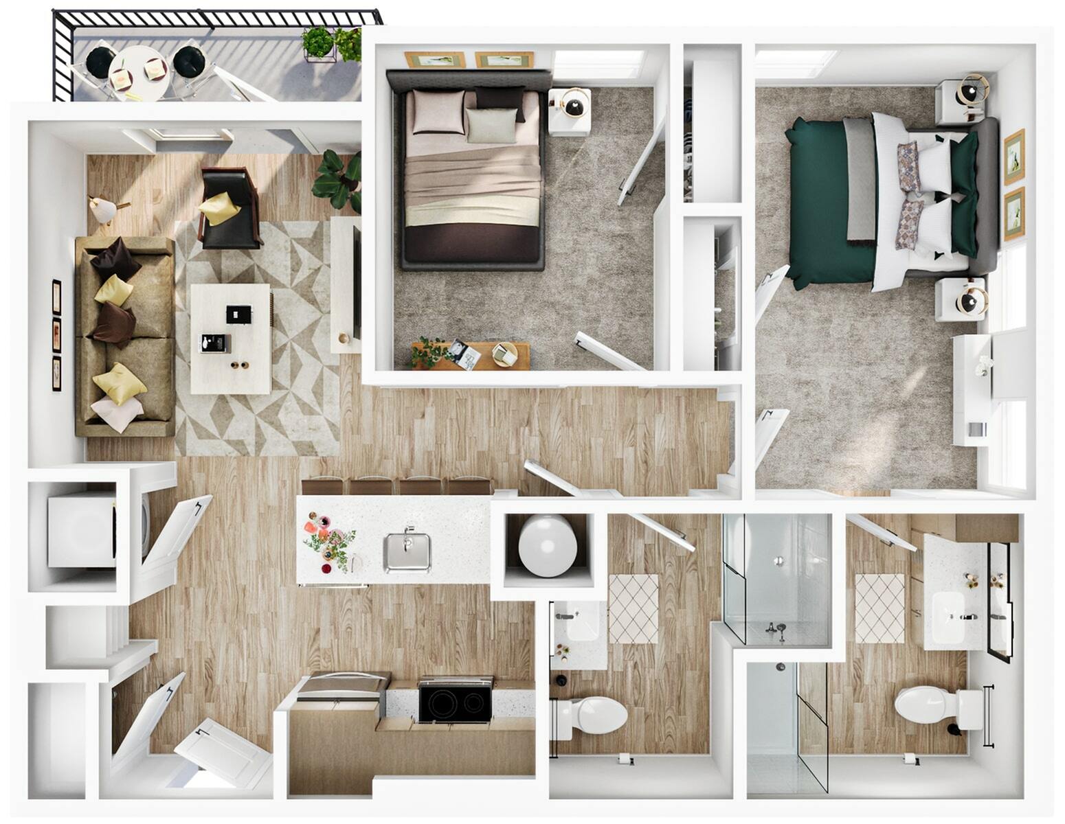 A 3D image of the 2BR/2BA – B3b.1 Balcony floorplan, a 826 squarefoot, 2 bed / 2 bath unit