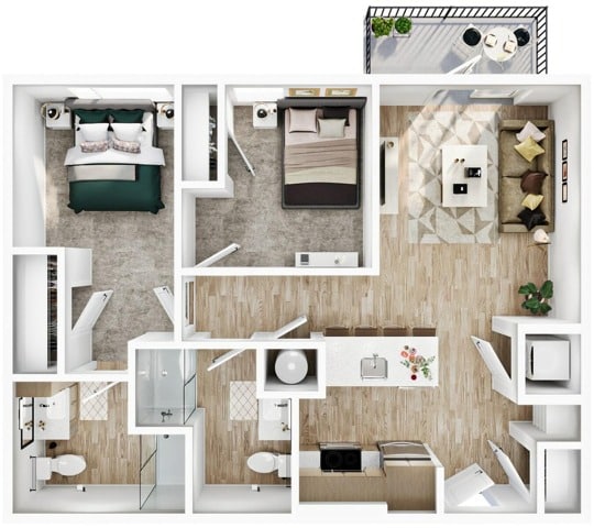 A 3D image of the 2BR/2BA – B3 Balcony floorplan, a 840 squarefoot, 2 bed / 2 bath unit