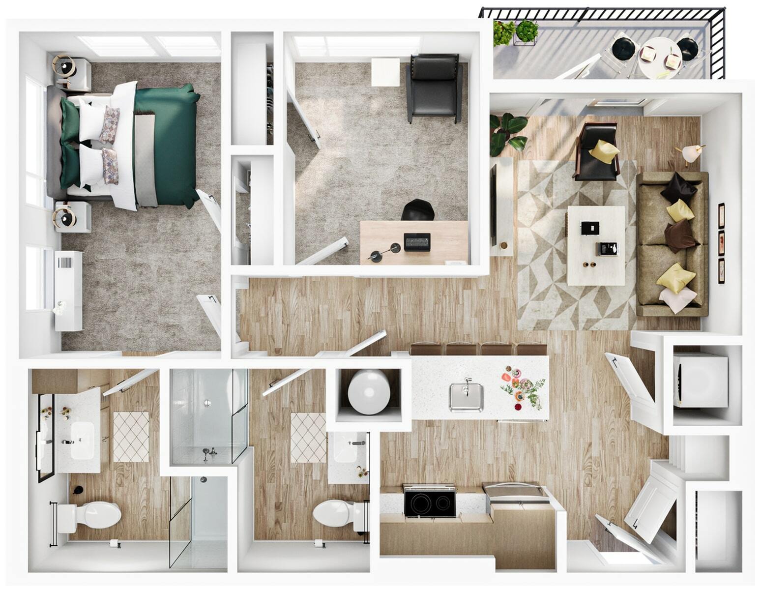 A 3D image of the 2BR/2BA – B3b Balcony floorplan, a 764 squarefoot, 2 bed / 2 bath unit