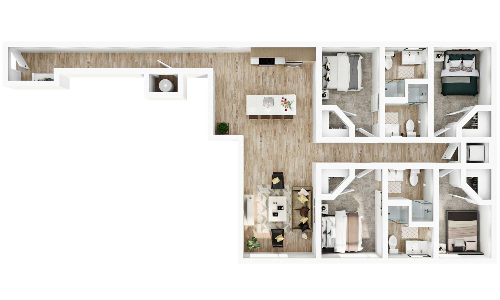 A 3D image of the 4BR/4BAD1 – D2 floorplan, a 363 squarefoot, 4 bed / 4 bath unit