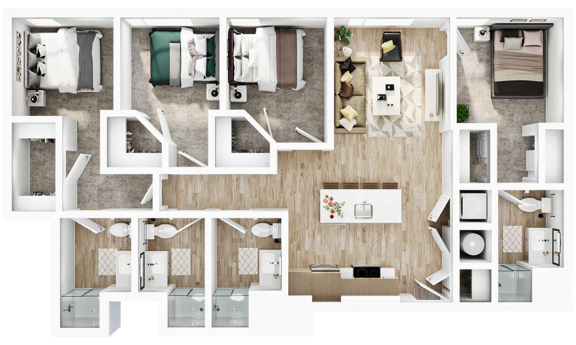 A 3D image of the 4BR/4BAD1 – D3 floorplan, a 325 squarefoot, 4 bed / 4 bath unit