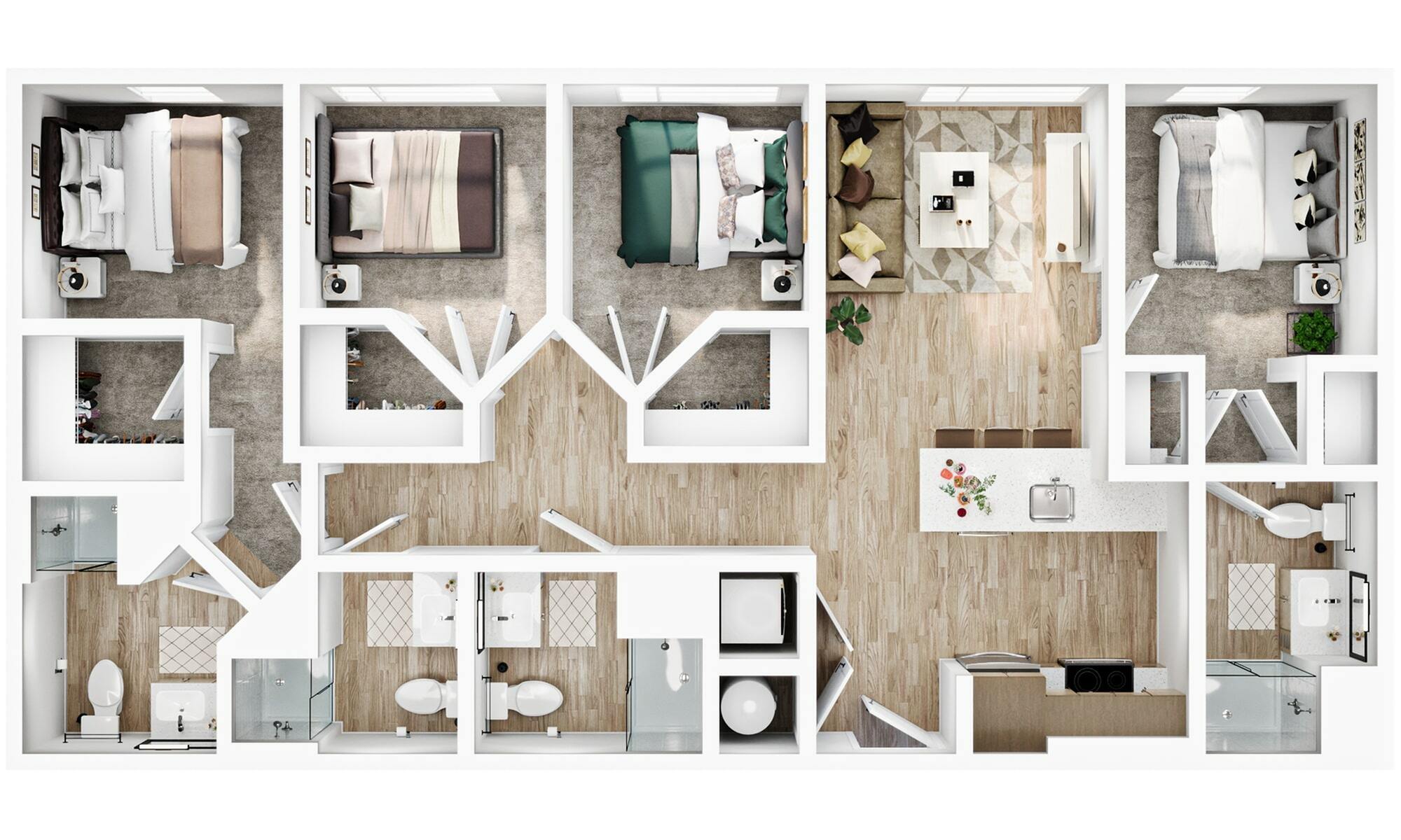 A 3D image of the 4BR/4BAD1 – D4 floorplan, a 320 squarefoot, 4 bed / 4 bath unit