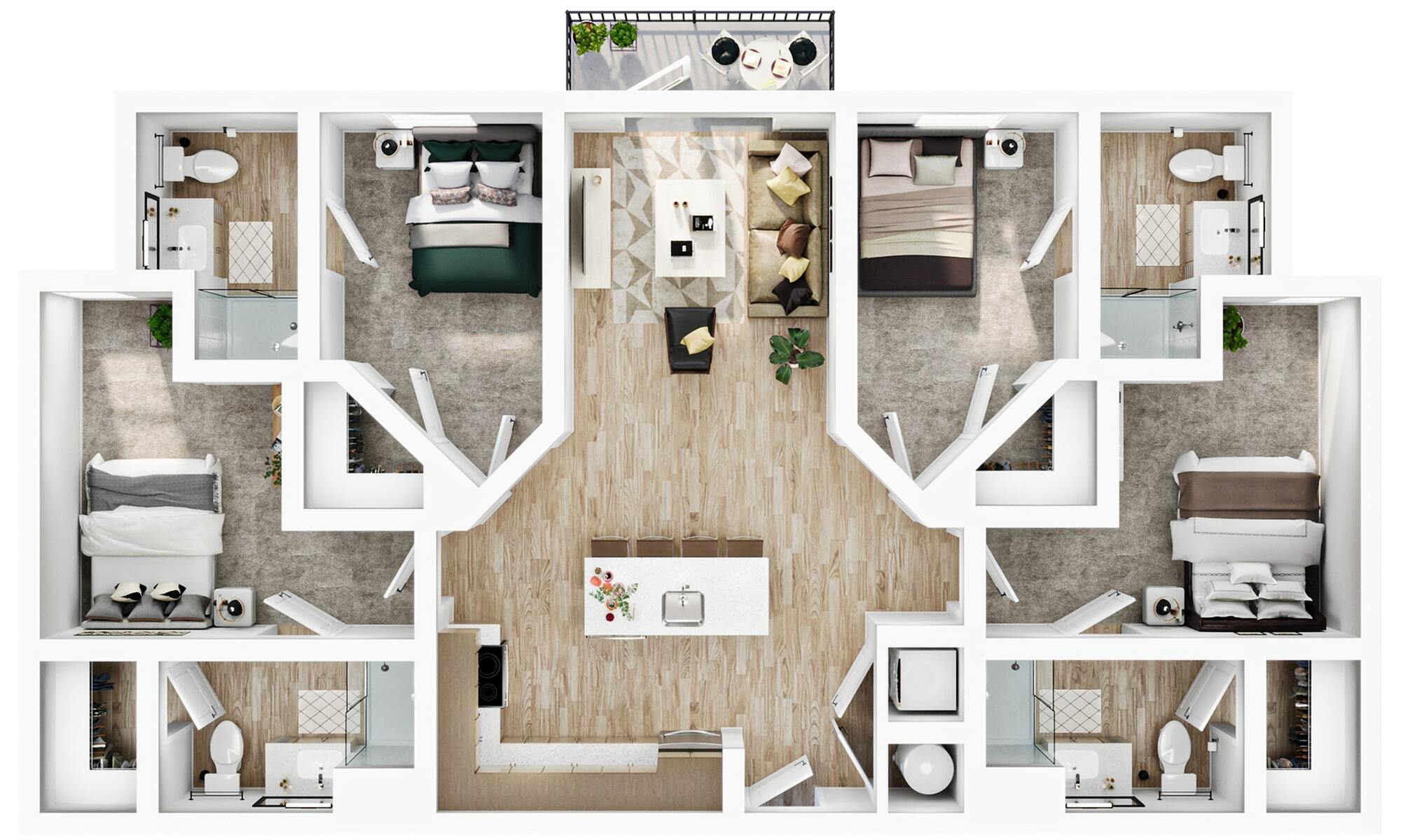 A 3D image of the 4BR/4BAD1 floorplan, a 333 squarefoot, 4 bed / 4 bath unit