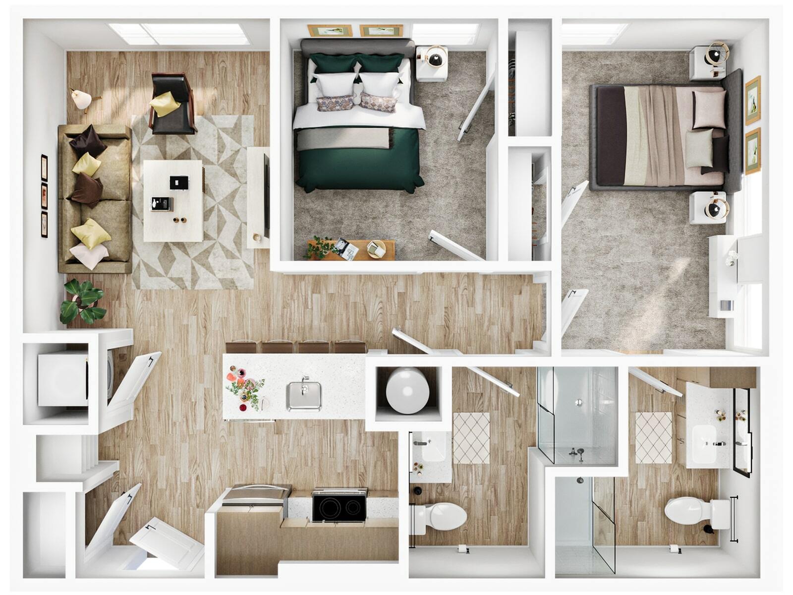 A 3D image of the 2BR/2BA – B3b.1 floorplan, a 854 squarefoot, 2 bed / 2 bath unit